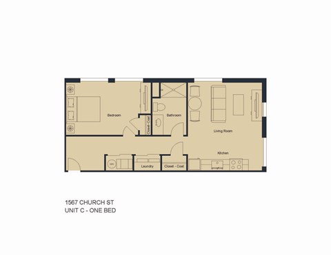 Floor plan for 1 bed, 1 bath, 691 sqft